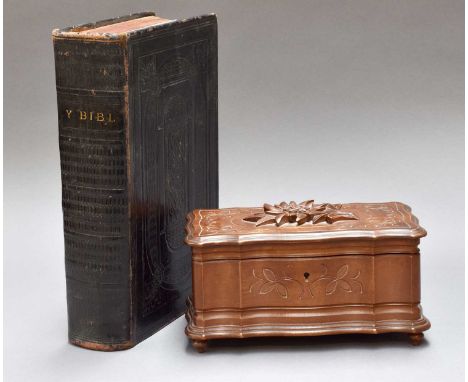 A Thorens Swiss Musical Box Playing on Four Aires, together with a 19th century Welsh leather-bound bible and a reproduction 