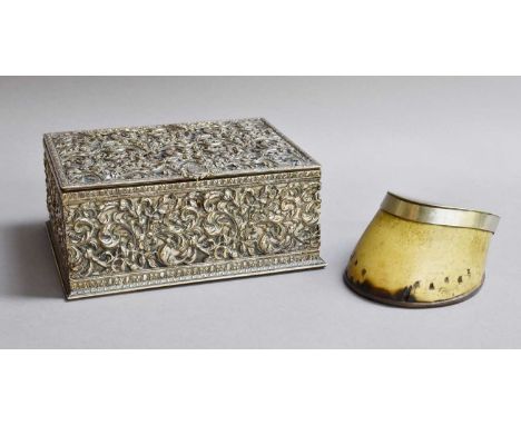 A Table Snuff Box, formed from a horse's hoof, with shoe and white metal mounts, maker J Binns, together with a Victorian jew