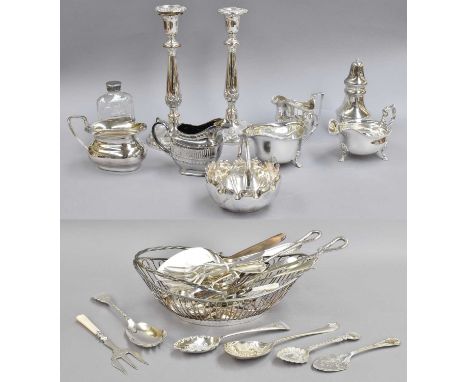 A Collection of Silver and Silver Plate, the silver comprising: a George III silver cream jug, a sauceboat and a pair of knif