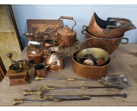 A Collection of Victorian and Later Copper and Brassware, including coal helmet, various measures, fire tools, coffee grinder