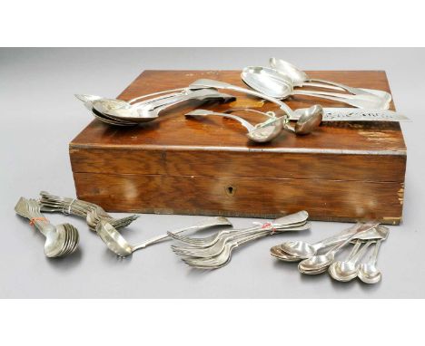 A Collection of Assorted George III and Later Silver Flatware, Fiddle pattern, comprising:10 table-spoons11 dessert-forks 6 d