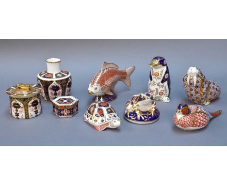 Six Royal Crown Derby Imari Paperweights, a table lighter, and a trinket box and vase, turtle with gold stopper, all others n