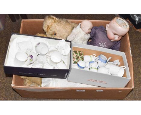 Chad Valley Teddy Bear, Three Bisque Head Dolls (a.f.) and two shoe boxes of miniature tea wares and crockery