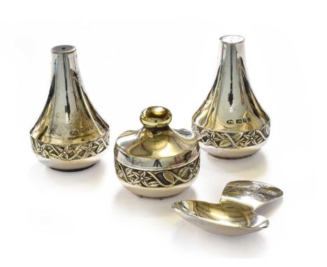 A Three-Piece Elizabeth II Parcel-Gilt Silver Condiment-Set and an Elizabeth II Silver Caddy Spoon, the condiment set by Pete