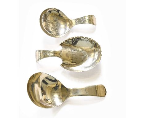 Three George III Silver Caddy Spoons, one London 1808, another Birmingham 1806, and one Birmingham 1813, two with engraved de