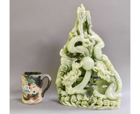 A Japanese Sumida Gawer Jug, formed as a toad and surmounted by a figure; together with a large Chinese jade coloured hardsto