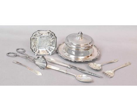 A Collection of Silver, comprising a Peruvian silver and glass conserve dish, stamped 'Camusso'; a German shaped square dish 