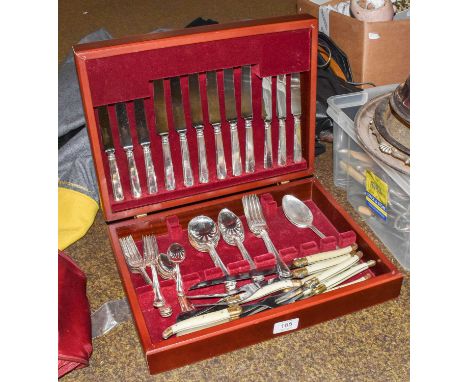 A Cased Six Place Silver Plated Table Service; together with a set of French Laguiole steak knives, cheese knives, wine tool,