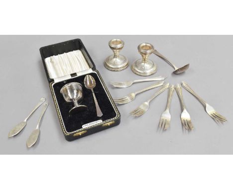 A Set of Six George VI Silver Cake Forks, Sheffield, 1944, together with other silver including a cased Christening egg cup a