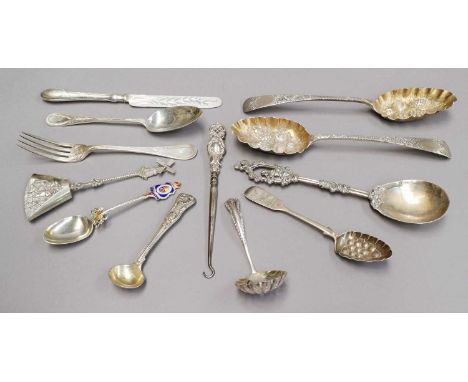 A Collection of Assorted George III and Later Silver Flatware, comprising a pair of George III table-spoons, later decorated 