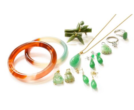 A Nephrite Brooch, measures 4.3cm by 5.0cm; A Jade Ring, finger size L1/2, together with Various Jade Type Jewellery, includi
