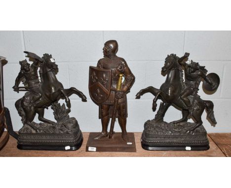 After Ernest Rancoulet (1870-1915): A Pair of Patinated Spelter Figures, warriors mounted on horseback, 50cm, together with A