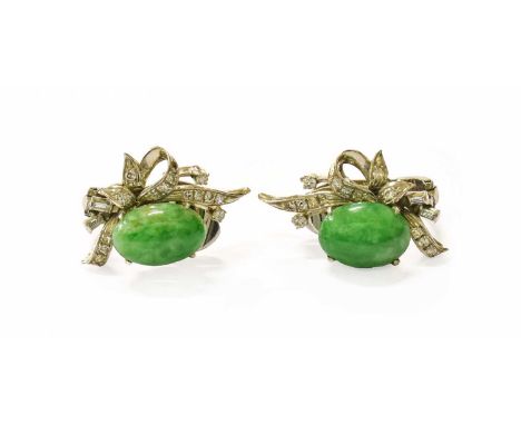 A Pair of Chinese Jadeite and Diamond Spray Earrings, stamped '18K, length 2.6cm, with clip fittingsThe earrings are in good 