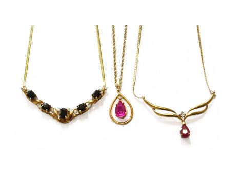 Three Multi-Gem Set Necklaces, including synthetic ruby and sapphire examples, of varying designs and lengthsTwo hallmarked 9