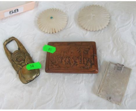 An Islamic box (a/f), brass hand stretching man, horn snuff&nbsp;