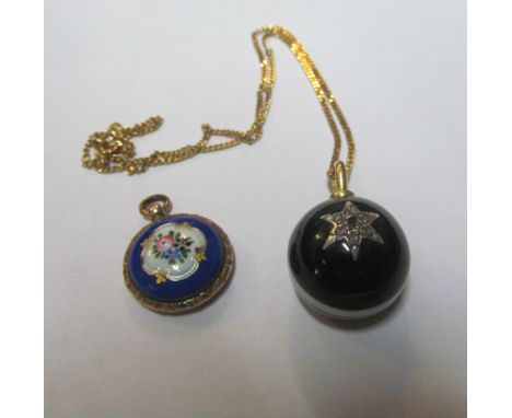 An enamel floral pendant and agate pendant on 9ct gold chain