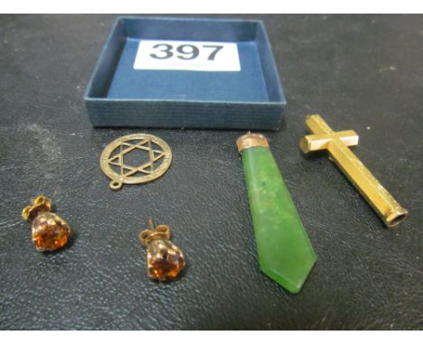 A Samson &amp; Morden cross/pencil, jade pendant, 9ct Star of David and pair earrings