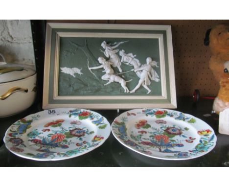 A pair of hand painted floral plates and a Jasperware style plaque classical ladies hunting (a/f)
