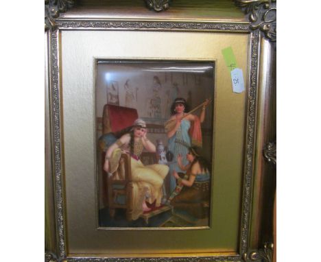 A pair porcelain plaques Victorian ladies playing musical instruments in garden and interior setting