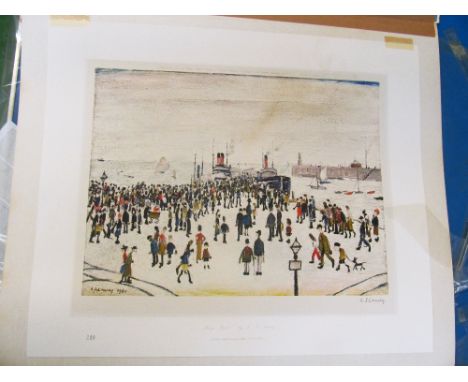 L.S. Lowry - a signed print ‘Ferry Boats’ crowds by harbour signature to lower right, with Fine Arts Trade Guild blind stamp,