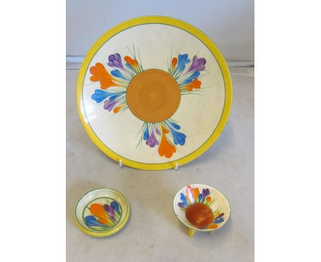 A Clarice Cliff Crocus pattern plate and two other items