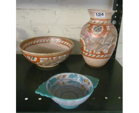 A Charlotte Rhead vase and two bowls (slightly a/f)
