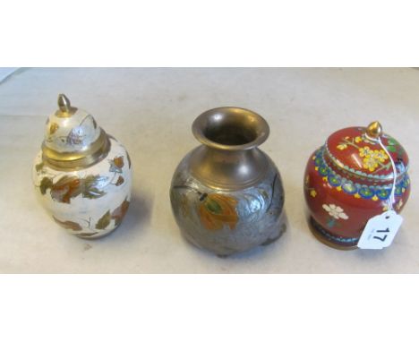 A lidded cloisonné pot, another enamel ginger jar and a vase