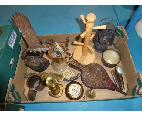 A box of mixed collectables inc Treen bellows, carved Eagle, Magnifier, brass Storm Lamp etc 