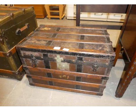 Small wood banded/canvas Travel Trunk with metal corners  