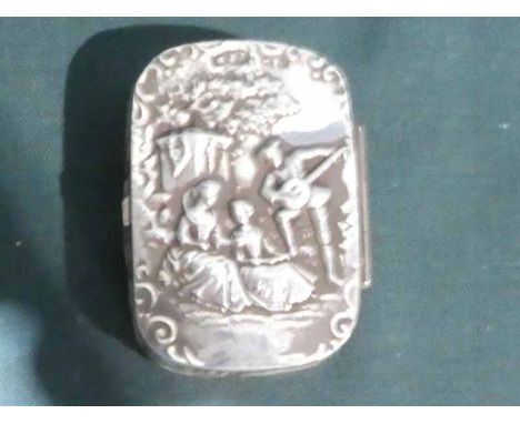 A silver Snuff Box, embossed lid with Romantic Scene