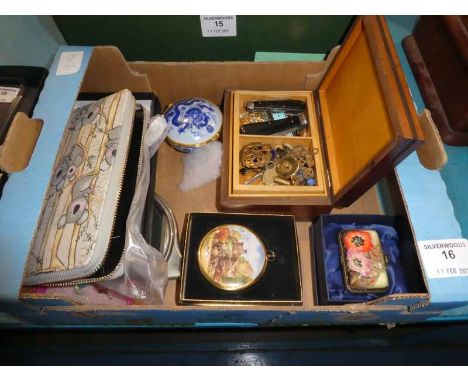 A mixed lot including Trinket Boxes Pen Knives, 2 RAF Cap Badges 