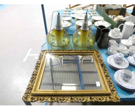 A pair of 1960's style Amber Glass Onion shape Pendant Light Fittings and a gilt frame Mirror  