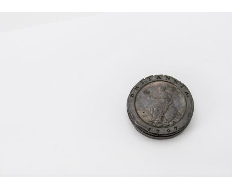 A George III 1797 cartwheel two penny box, the dissected copper coin with screw off cover, possibly for snuff or two house so