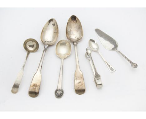 Two George III period Scottish silver table spoons, together with a Georgian Scottish silver sauce ladle, a Charles Boynton C