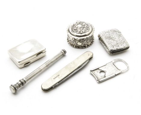 Six collectable items of Victorian and 20th century silver, including a vesta case, cigar cutter, propelling pencil, snuff bo