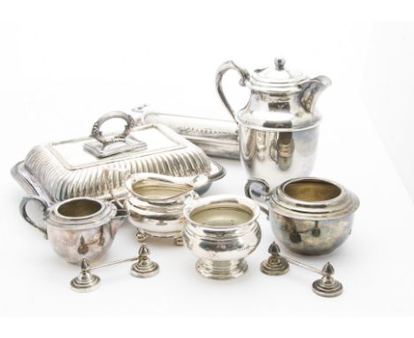 An Edwardian silver sugar basin and a collection of silver plate, including two covered entrée dishes, coffee set, flatware a