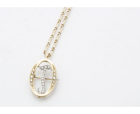 A modern 18ct gold and diamond initial pendant cum brooch, the oval with initial J set with brilliant cuts, on an 18ct gold c