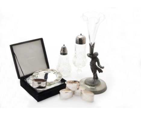 A collection of 20th century silver and silver plated items, including a set of four silver Carr's napkin rings in a box, ano