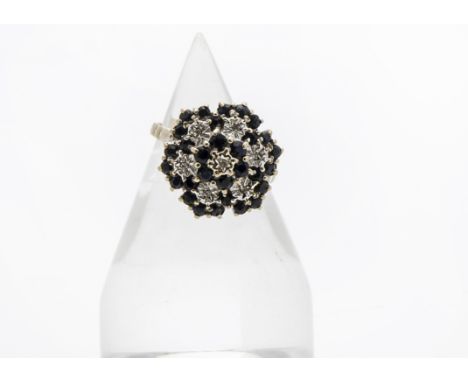 A modern 9ct gold sapphire and diamond large cluster cocktail dress ring, 3.6g and size N 