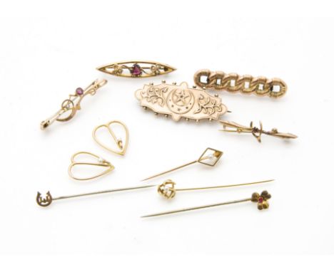 A group of five Victorian and later 9ct gold and yellow metal brooches, together with four gold and other stick pins and a pa