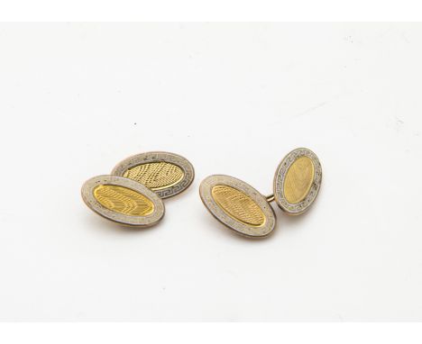 A pair of Victorian 9ct gold and enamel cufflinks, the oval panels with Greek key design and engine turned centres, AF, marke