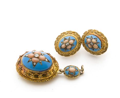 A nice Victorian pendant and earring suite, the gold domed mounts with wire work lowers and having turquoise enamel tops set 