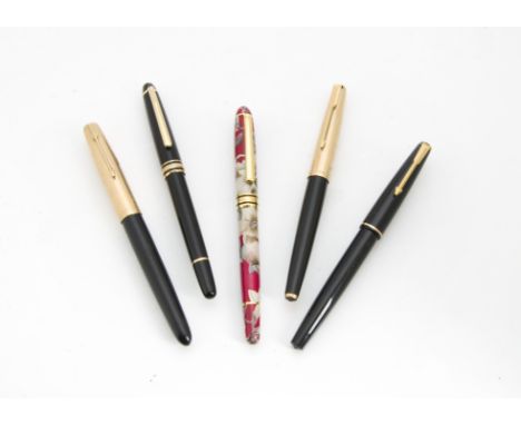 A Mont Blanc gold mount roller ball pen, together with three Parker fountain pens and a lady's pen (5) 