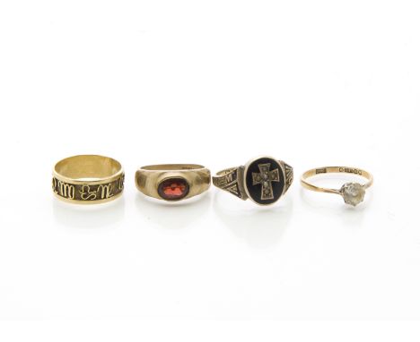 A group of four Victorian and 20th century gold rings, one mourning example with damaged black enamel, a Zodiac sign band, a 