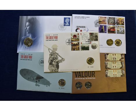 A collection of modern First Day Coin Covers, approx 50 with five and two pounds, 50ps and others, along with six folders of 