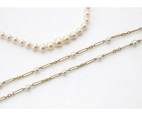 A vintage gold and pearl necklace, not marked, together with a single strand cultured white pearl necklace (2) 