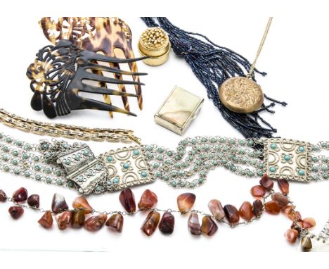 A collection of vintage and modern costume jewellery and other items, including a Middle Eastern belt, necklace and bracelet,