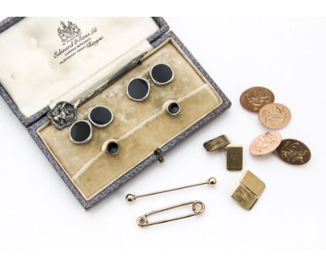 A group of gentleman's cufflinks and other items, including two pairs of 9ct gold cufflinks, a 9ct gold bar pin and safety pi