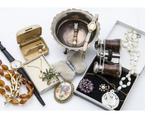 A collection of jewellery and other items, including an Art Deco silver sugar basin, a pair of cased opera glasses, and vario