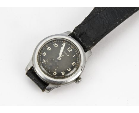 A WWII period Cyma stainless steel "Dirty Dozen" officer's wristwatch, the 38mm case with black dial marked Cyma with broad a